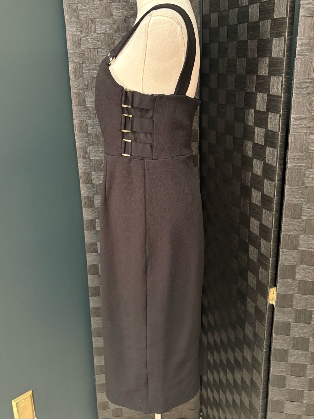 Black sleeveless sheath dress gold hardware lattice cutout gothcore stretch